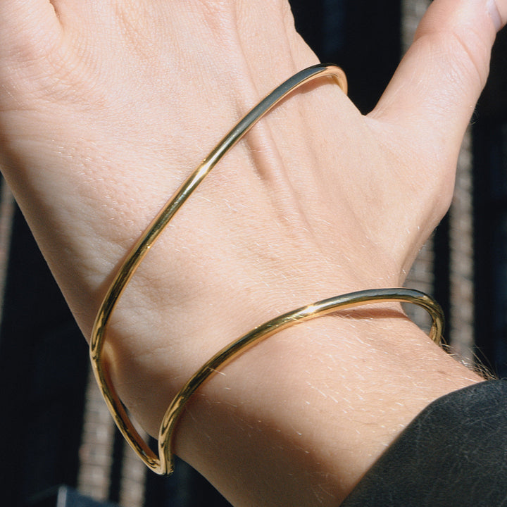 J&D Minimalist Unique Line Bangle 18K Gold Plated Stainless Steel Simple Hollow Line Asymmetric Double Band Open Cuff Bracelet