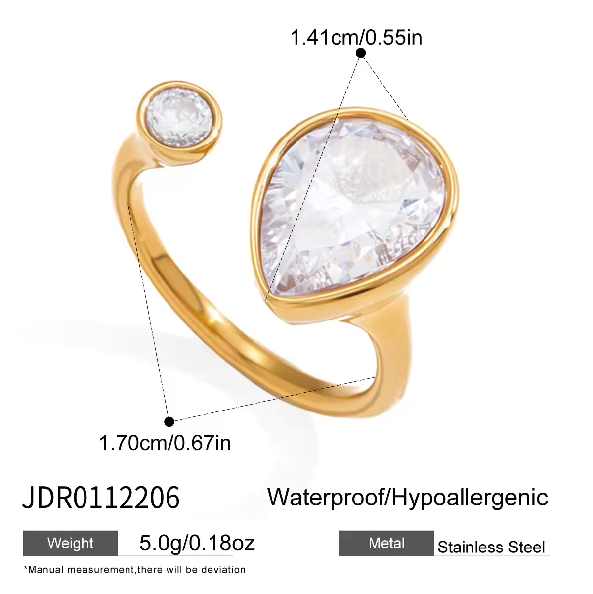 Elegant 18K Gold Plated Stainless Steel Ring Adjustable Open Rings Large Cubic Zirconia Geometric Finger Jewelry for Women