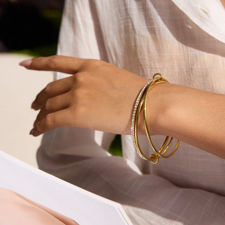 J&D Women's Fashion Stackable Jewelry 18K Gold Stainless Steel With Zircon Fine Bangle Bracelet Layer Bracelet for Daily Wear