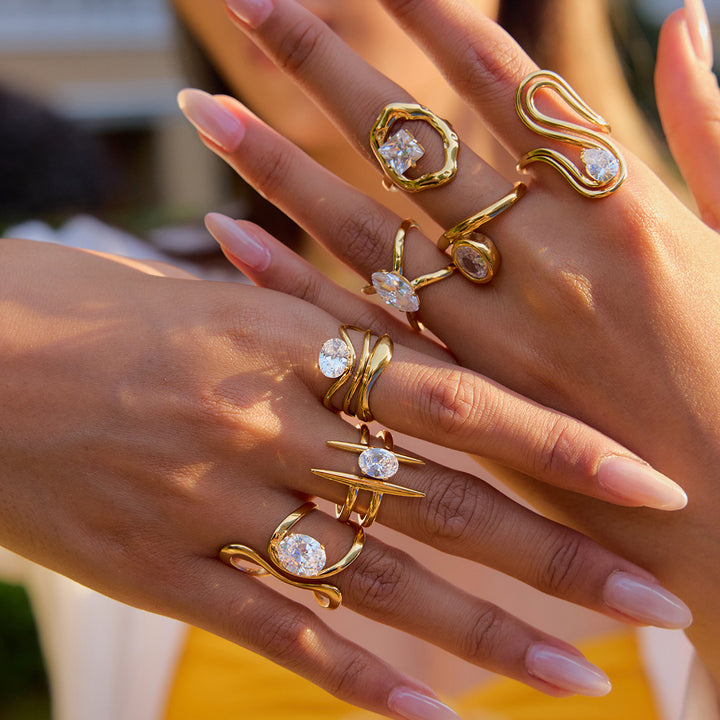 J&D 18K Gold Plate Stainless Steel Rings Modern Minimalist Lines Double-layer Hollow Geometric Large Zircon Open Solitaire Ring