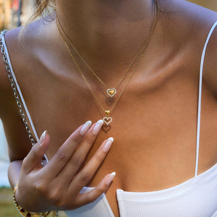 J&D 18K PVD Gold Plate Stainless Steel Necklace Romantic White Zircon Hollow Heart Pendant Necklace