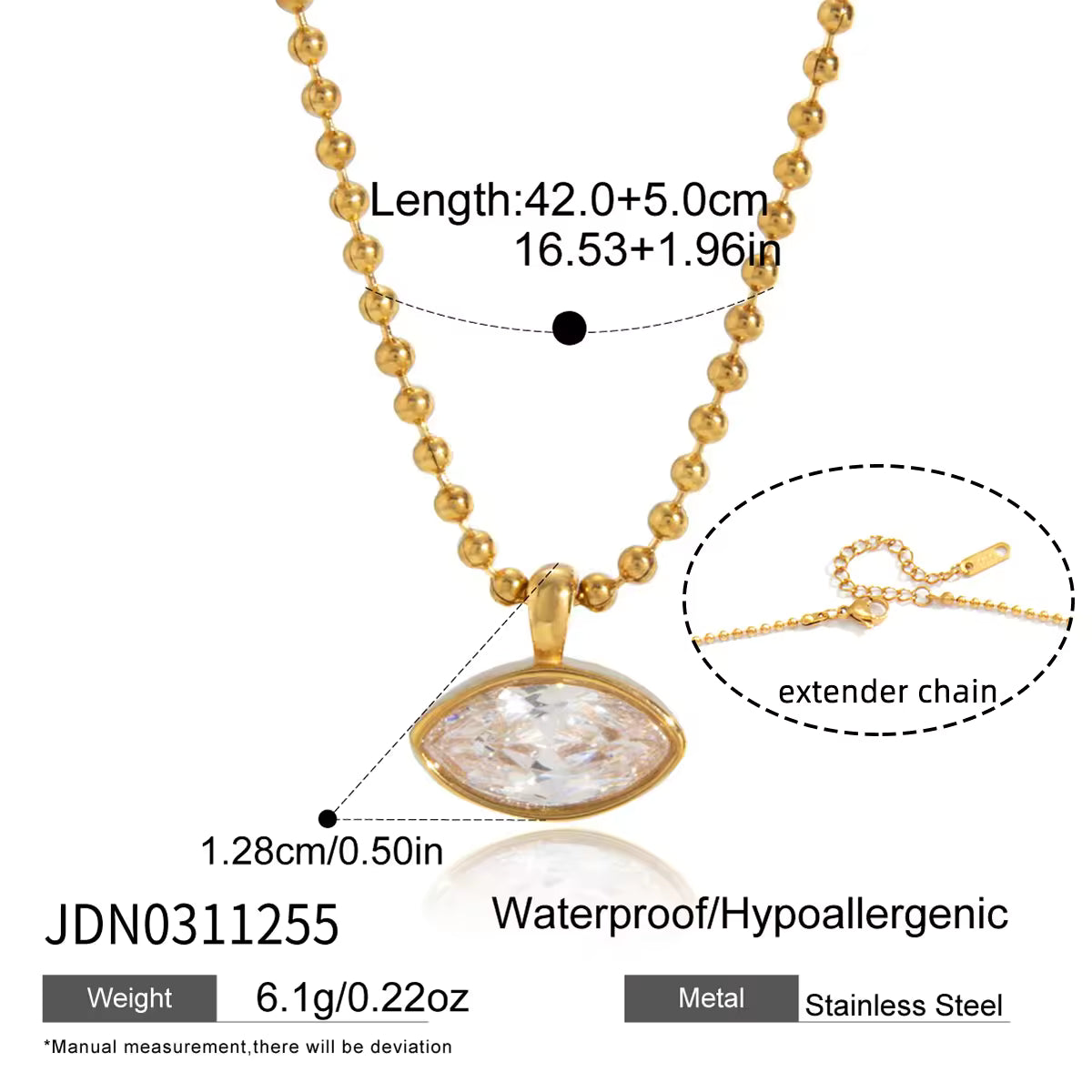 Oval Marquise White CZ Stainless Steel 18K Gold Plated Classic Statement Ball Chain Necklace Gift for Women Daily Office