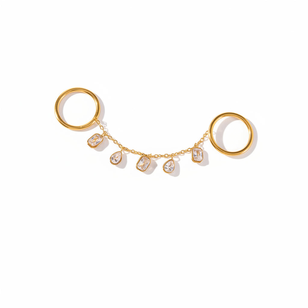 J&D Luxury 18K Gold Plated Stainless Steel Finger Bracelet Tassel Ring Set Square Pear CZ Tarnish Free Slave Rings for Party
