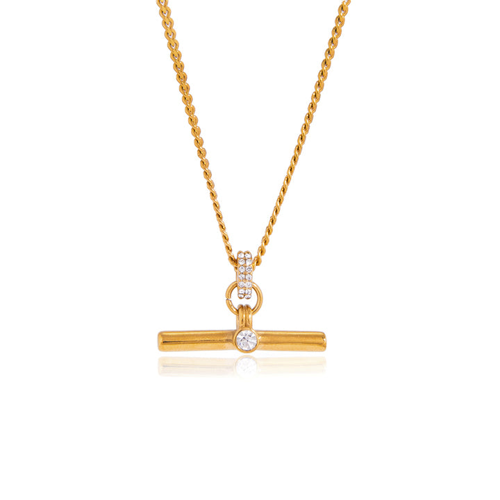 J&D Original Design Minimalist T Bar Necklace 18K Gold Stainless Steel Fashion Rhinestone T Bar Pendant Necklace