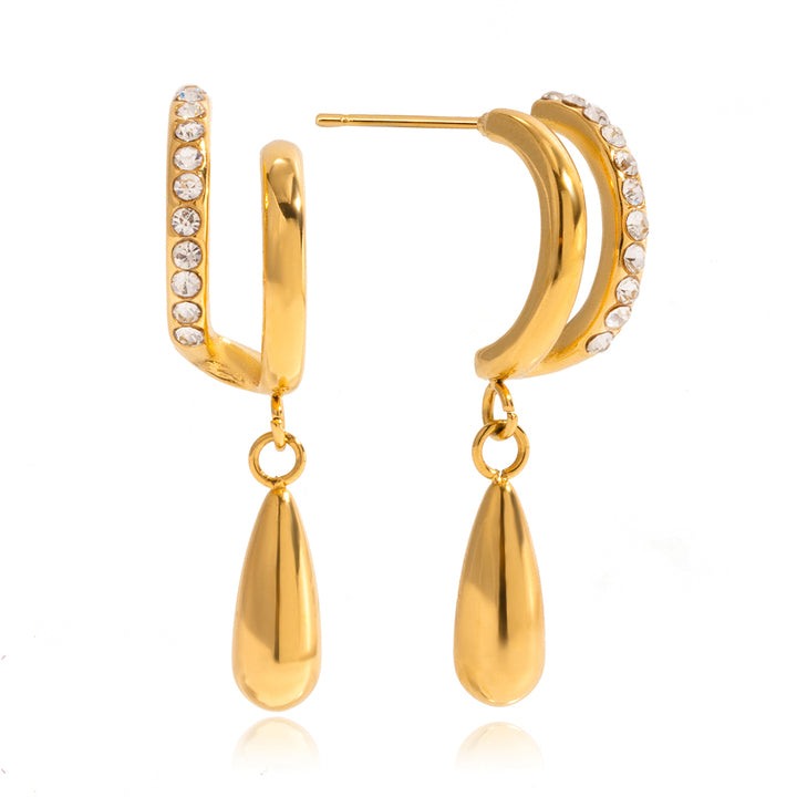 JD Classic Waterdrop Earring 18K Gold Stainless Steel Zirconia Double Layer C Circle Waterdrop Zircon Pendant Earrings