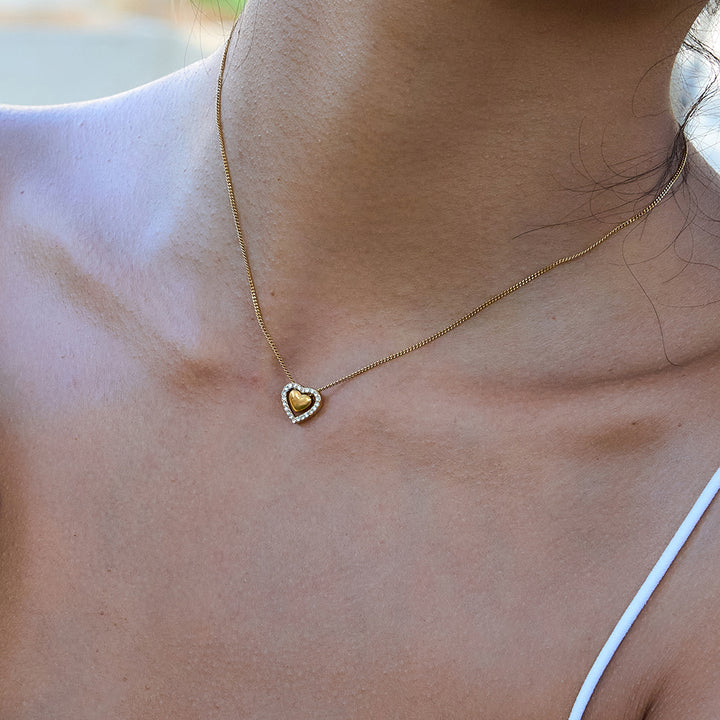 J&D 18K PVD Gold Plate Stainless Steel Necklace Romantic White Zircon Hollow Heart Pendant Necklace