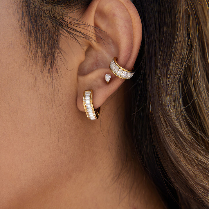 J&D Classic 18k Real Gold Plated Stainless Steel Hoop Earrings Zircon Pave Irregular Fashion Jewelry