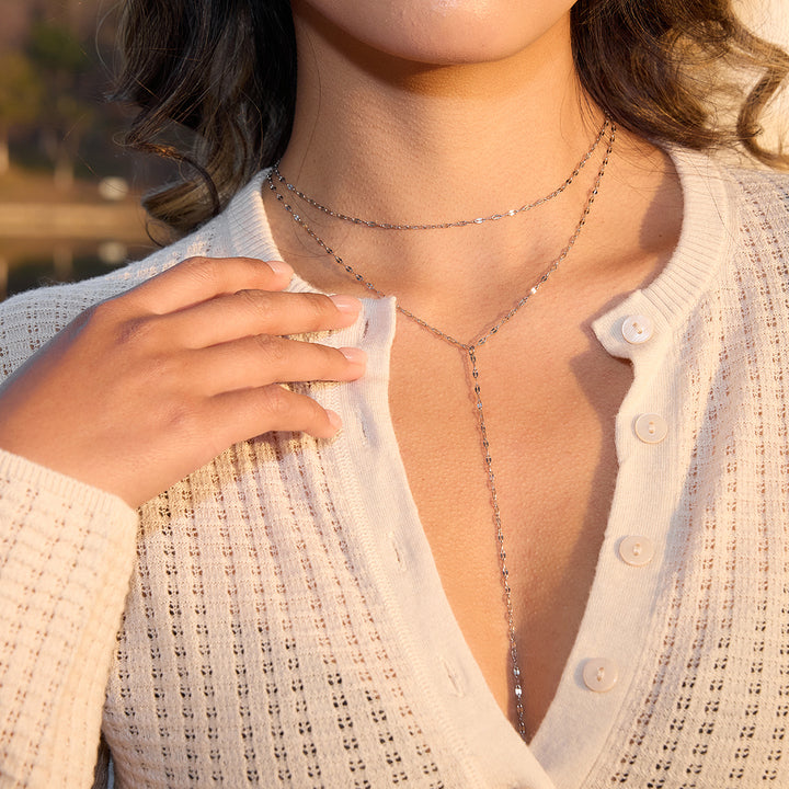 J&D Classic Double Layer Snake Y Necklace for Women Silver Stainless Steel Beaded Cobra Chain Timeless Drop Pendant Jewelry