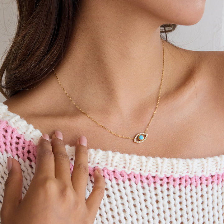 J&D Vintage 18K Gold Stainless Steel White Zircon Blue Turquoise Evileye Pendant Necklaces