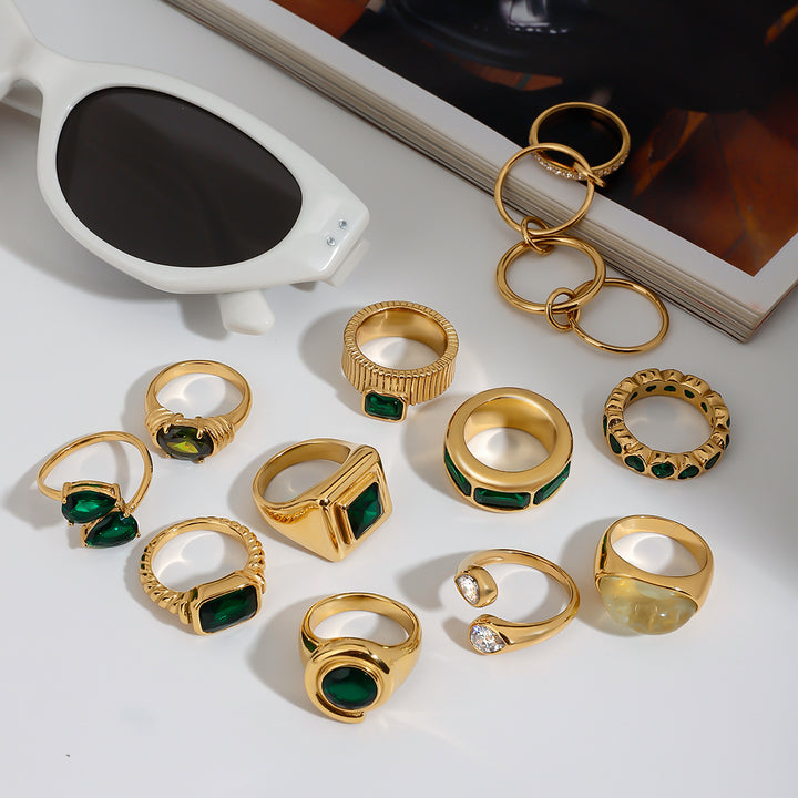 J&D Fashionable Minimalist 18K Gold Plated Statement Stainless Steel Summer Green Ring