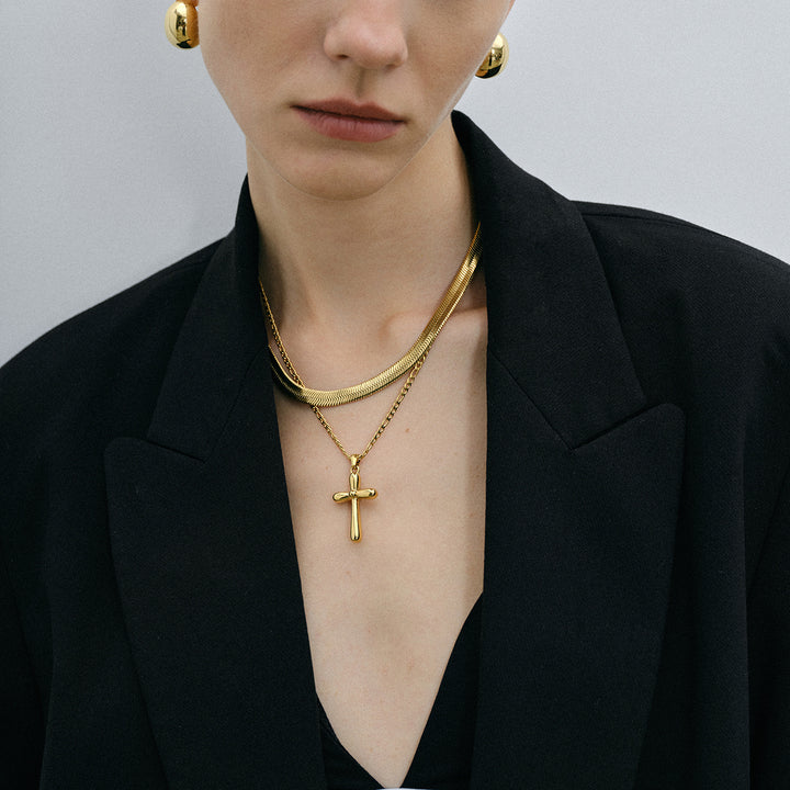 J&D 18K Gold Plated Stainless Steel Cross Necklace 50+5cm Snake Chain with Pearl Trendy Geometric Style for Gift