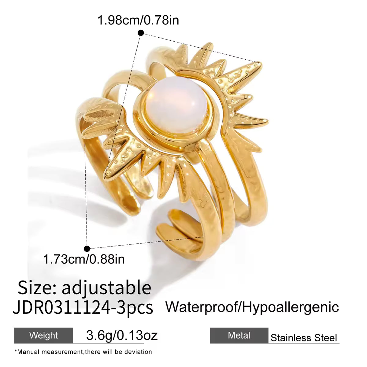 Elegant Opal Inlay Stackable Ring Set Gold Plated Sunburst Design Adjustable Open Cuffs Celestial Jewelry Trio