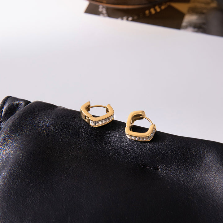 J&D Classic 18k Real Gold Plated Stainless Steel Hoop Earrings Zircon Pave Irregular Fashion Jewelry