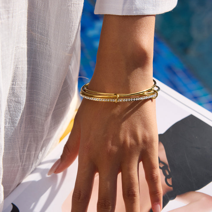 J&D Women's Fashion Stackable Jewelry 18K Gold Stainless Steel With Zircon Fine Bangle Bracelet Layer Bracelet for Daily Wear