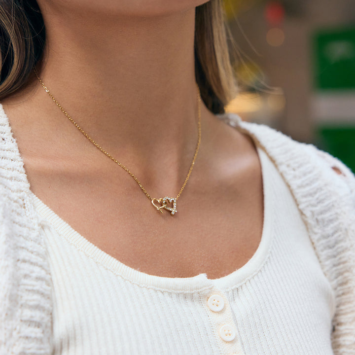 J&D 18K Gold Plate Stainless Steel Necklace Classic Zircon Heart Double-ring Interlocking Pendant Necklace