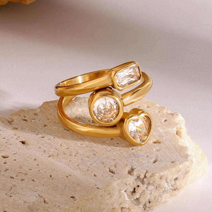 Zircon Multi Three Layers Ring Hollowed 18K PVD Gold Plated Stainless Steel Three-layer Heart Opening Ring for Women Jewelry