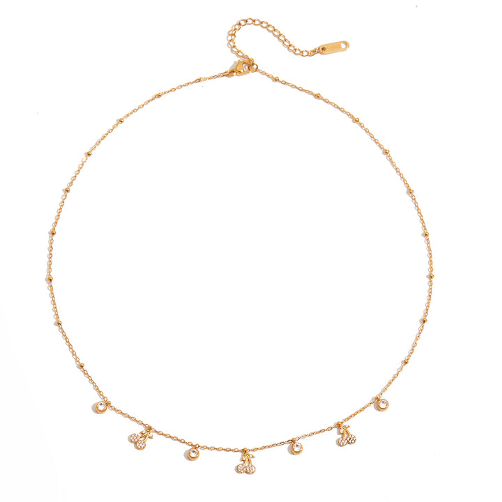 J&D 18K Gold Plated Stainless Steel Jewelry Cute Rhinestone Cherry Round Zircon Chain Necklace