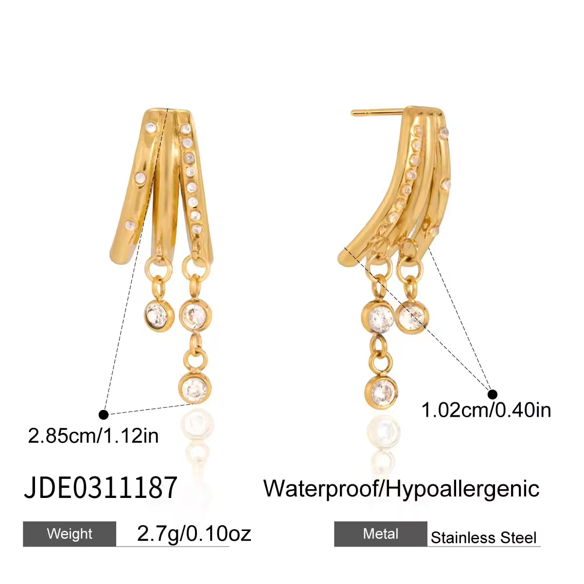Delicate Tassel Earring 18K Gold Stainless Steel Crystal Three Layer Hollow CC Chain Tassel Cone Shaped Earrings