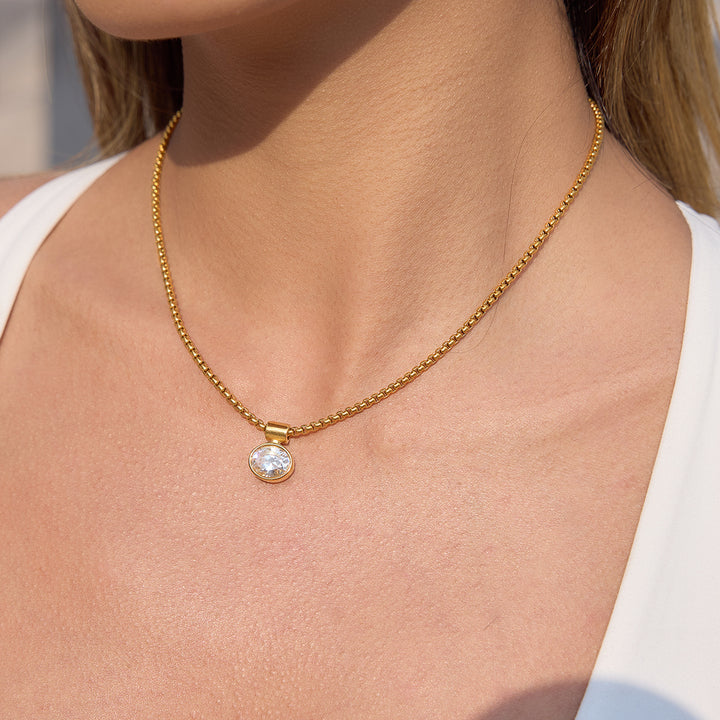 J&D Minimalist Oval White CZ Pendant Necklace Stainless Steel 18K Gold Plated Box Chain Classic Jewelry Gift for Women