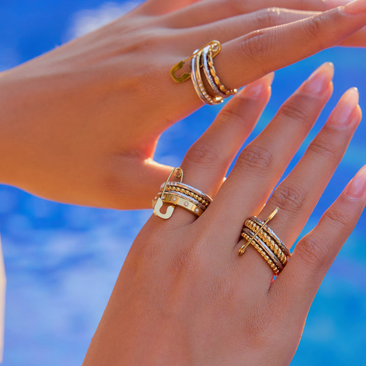 J&D 18K Gold Plate Stainless Steel Rings Classic Gold and Silver Twist Paper Clip Multi-layer Stacking Rhinestone Ring