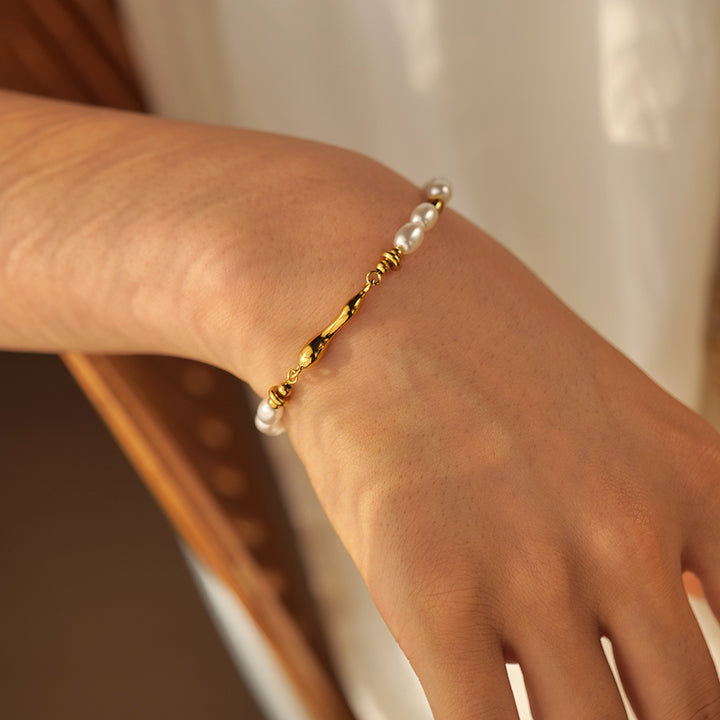 Glass Pearl Beads Chain Bracelet Jewelry Gift 18k Gold Plated Stainless Steel Simple Daily Bracelet for Women