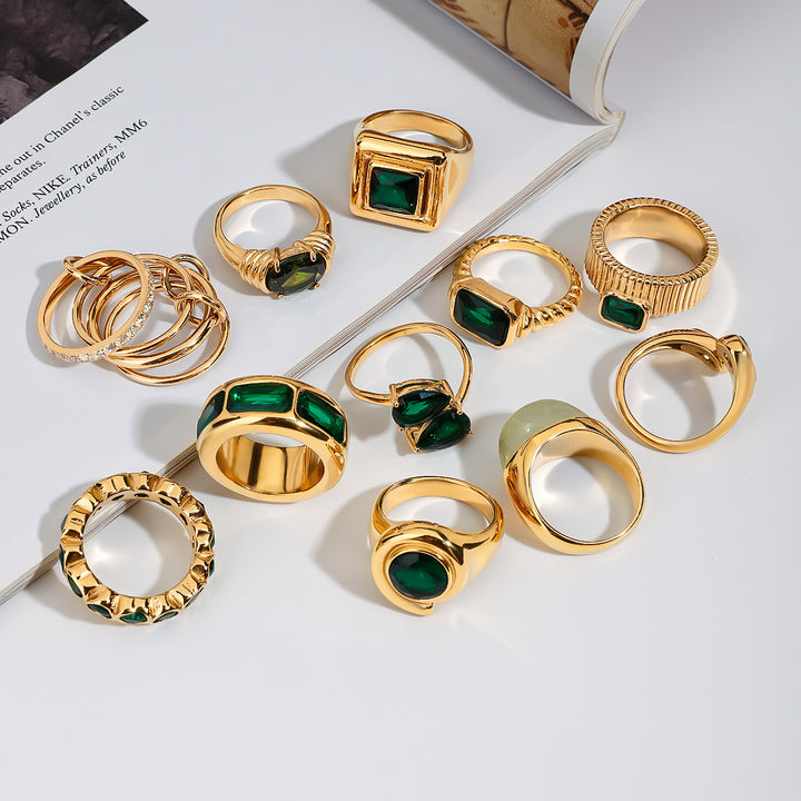 J&D Fashionable Minimalist 18K Gold Plated Statement Stainless Steel Summer Green Ring