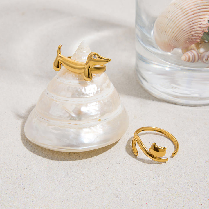 J&D Cute and Trendy 18k Gold Plating Stainless Steel Minimalist Lined Rhinestone Dog Cat Dachshund Kitten Ring