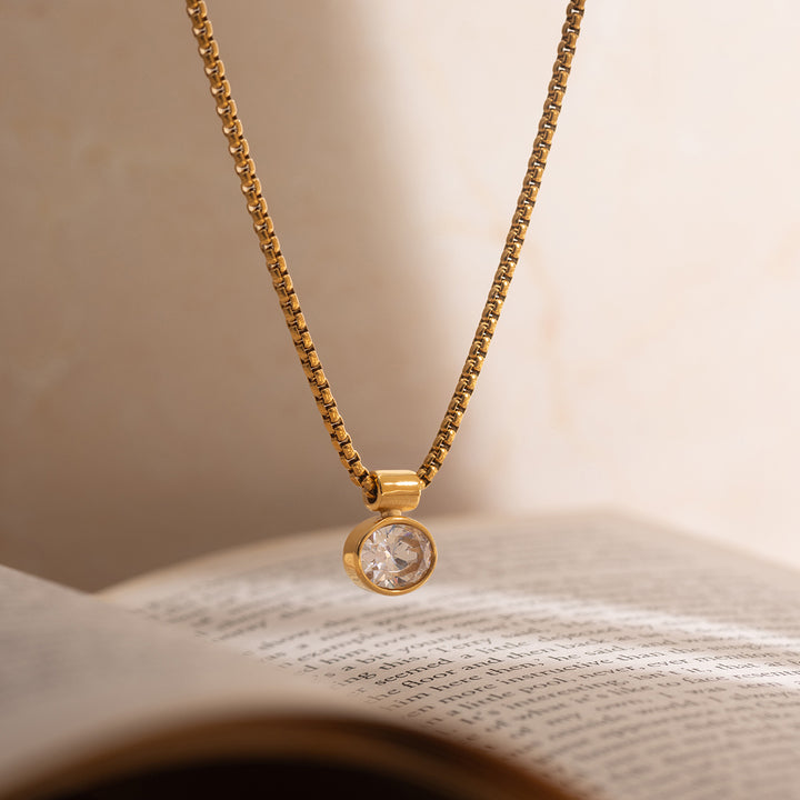 J&D Minimalist Oval White CZ Pendant Necklace Stainless Steel 18K Gold Plated Box Chain Classic Jewelry Gift for Women
