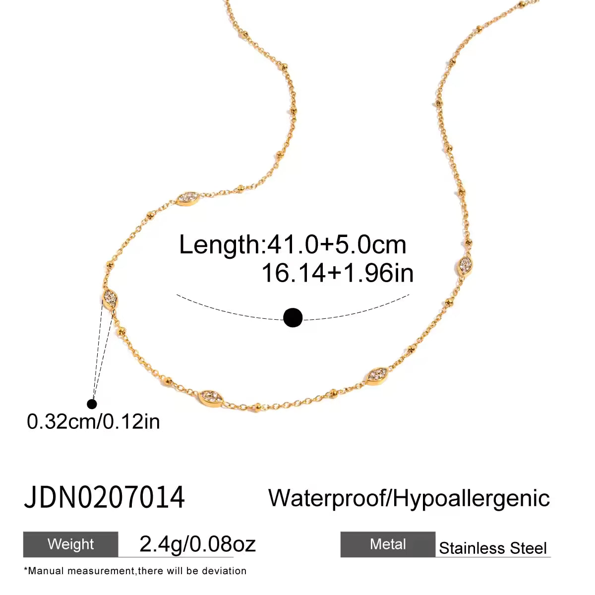 18K PVD Gold Plate Stainless Steel Necklace Classic White Rhinestone Horse Eye Clip Bead Necklace