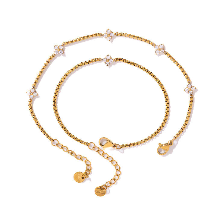 J&D Classic 18K Gold Stainless Steel White Zircon Clover Box Chain Bracelets