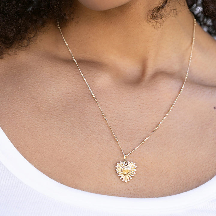 J&D 18K PVD Gold Plate Stainless Steel Necklace Classic White Zircon Ribbed Heart Pendant Necklace