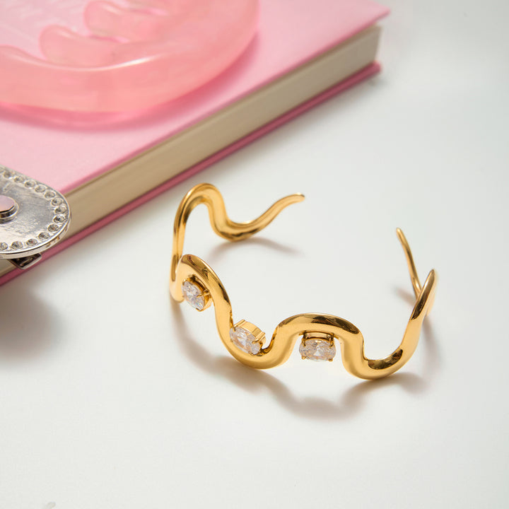 J&D Fashion 18K Gold Plated Stainless Steel Wave Irregular Cuff Bangle Zircon Opening Bangle