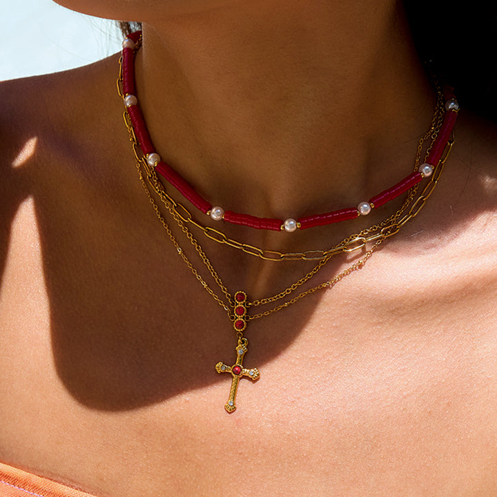 J&D18k Gold Plated Stainless Steel Red Turquoise Crystal Stone Pearl Section Cross Pendant Necklace