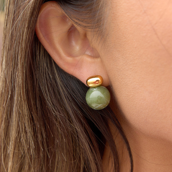 J&D Green Resin Marble Grain Stainless Steel 18K Gold Plated Vintage Statement Stud Earrings Gift for Women Daily Office Wear