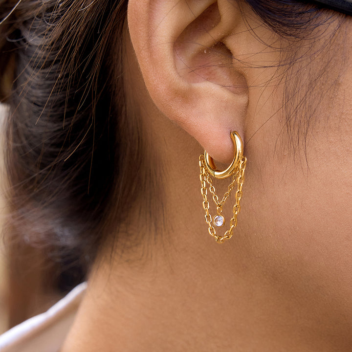 J&D Elegant Zircon Chain Tassel Earring 18K Gold Stainless Steel Trendy Delicate White Round Zircon Tassel Earrings