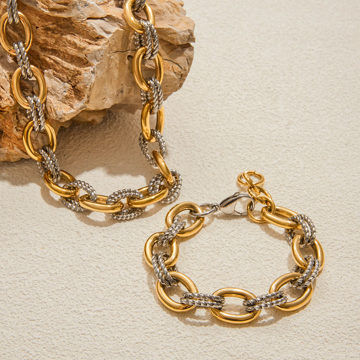 J&D Minimalist 18K Gold and Stainless Steel Two Tone Color Matching Oval Smooth Twist Bracelets Necklaces