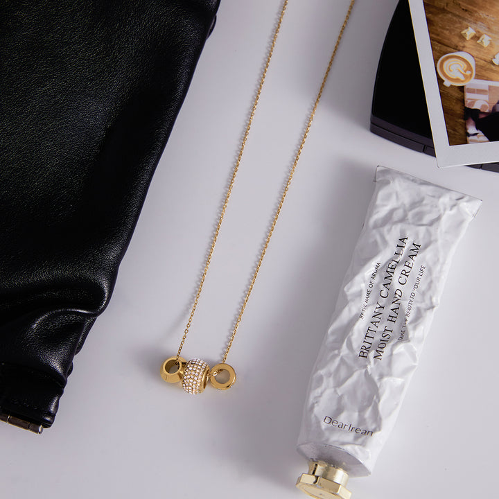 J&D 18K Gold Plated Stainless Steel Necklace Classic Rhinestone Smooth Spacer Beads Pendant Necklace