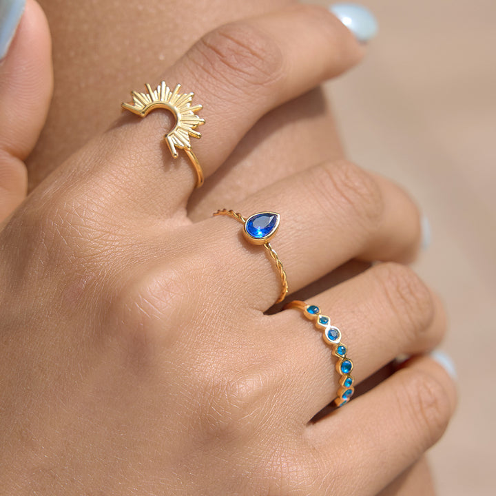 J&D Elegant Exquisite 3 in 1 Blue CZ Ring 18K Gold Stainless Steel Ribbed Sun Teardrop Blue Zircon Stacking Ring 3pcs Set Size 7