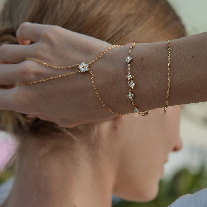 J&D Classic Style 18K Gold Stainless Steel White Zircon Double-layer Finger Bracelets