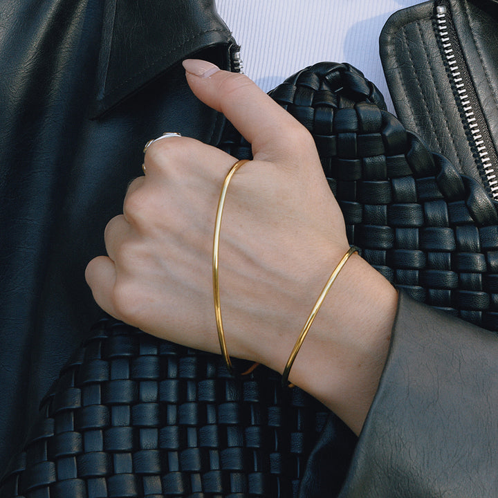 J&D Minimalist Unique Line Bangle 18K Gold Plated Stainless Steel Simple Hollow Line Asymmetric Double Band Open Cuff Bracelet