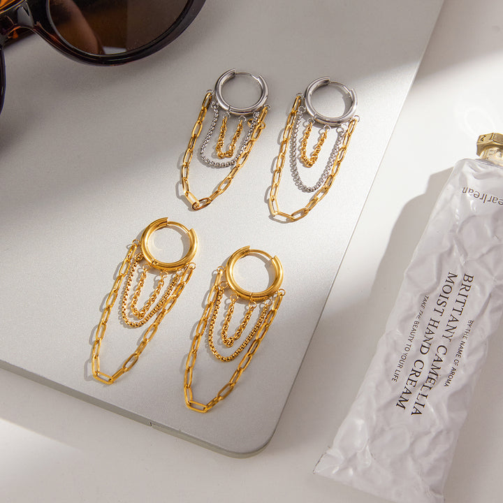 J&D Autumn Collection Tassel Earring 18K Gold Plated Stainless Steel Tassel Earring Trendy 3 Layers Chain Tassel Earrings