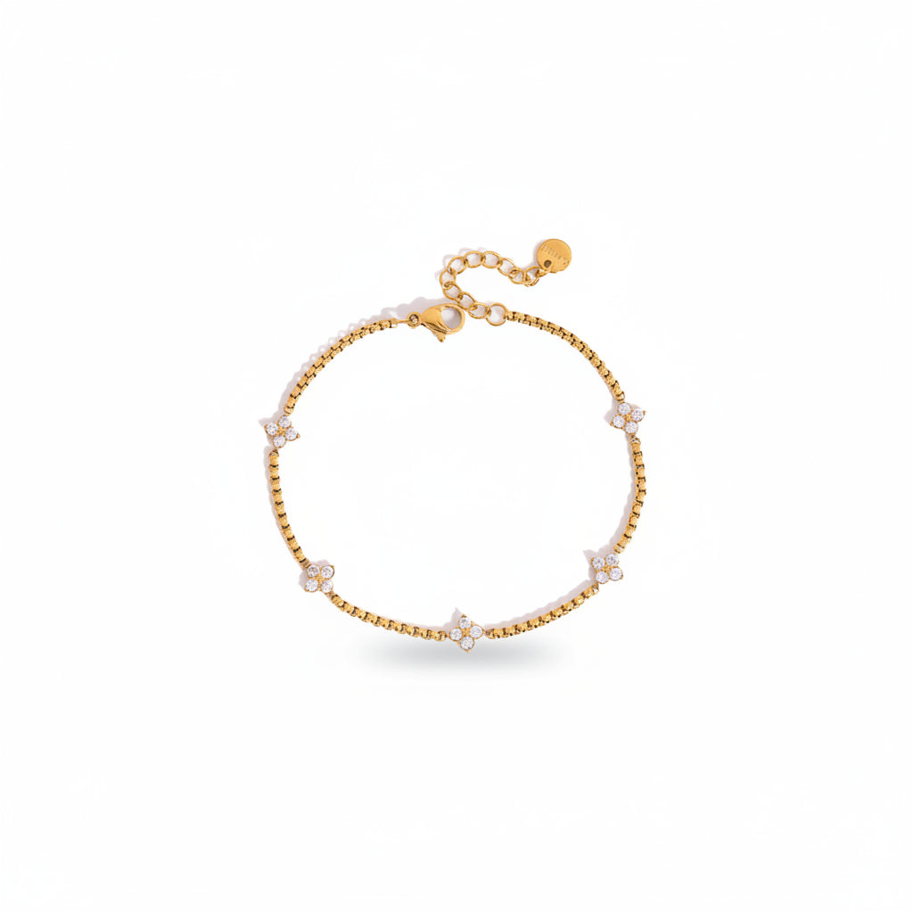 Classic 18K Gold Stainless Steel White Zircon Clover Box Chain Bracelets