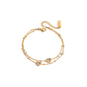 Elegant Graceful Double Layer Heart Bracelet 18k Gold Stainless Steel Double Layer Rhinestone Turquoise Bead Chain Bracelet