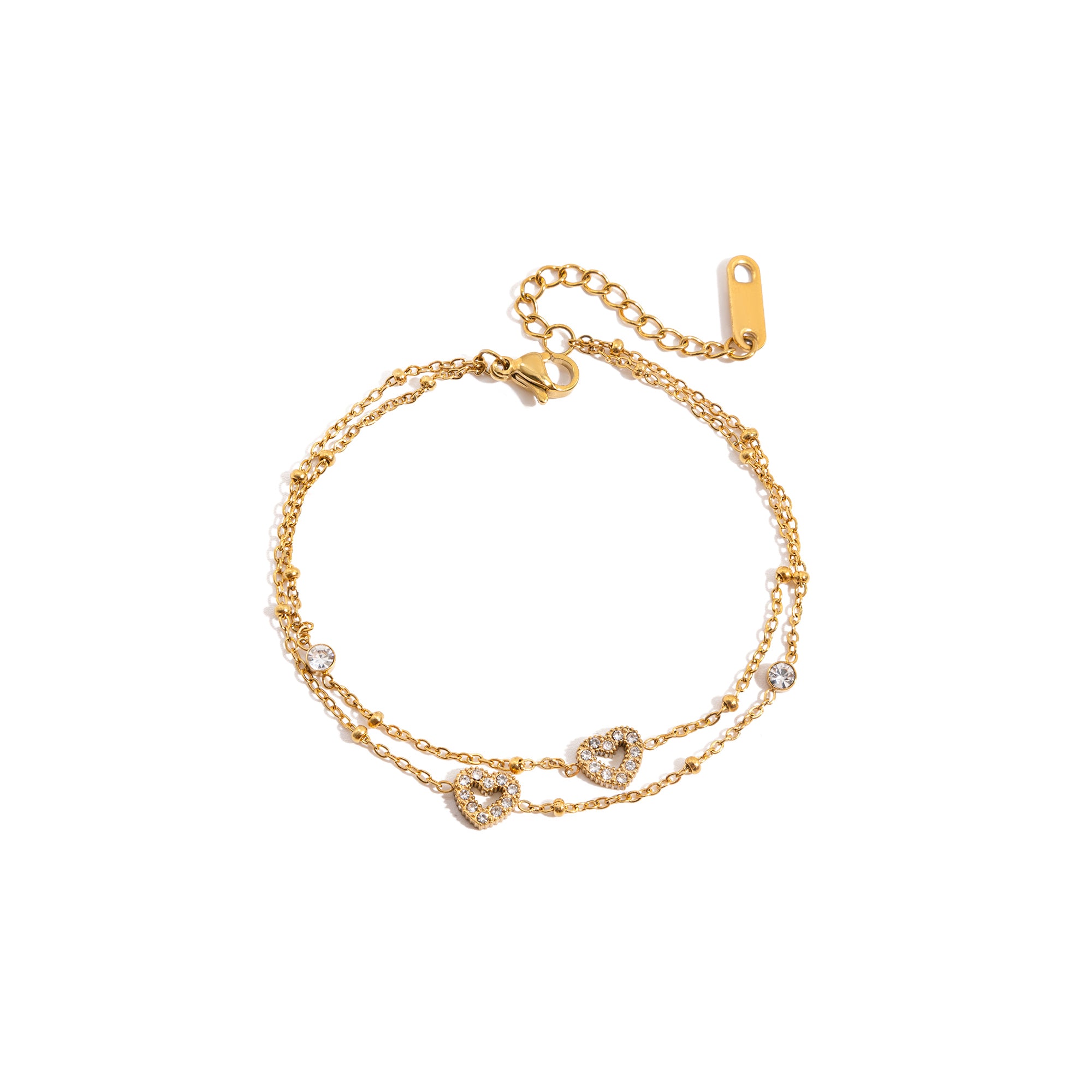 Elegant Graceful Double Layer Heart Bracelet 18k Gold Stainless Steel Double Layer Rhinestone Turquoise Bead Chain Bracelet