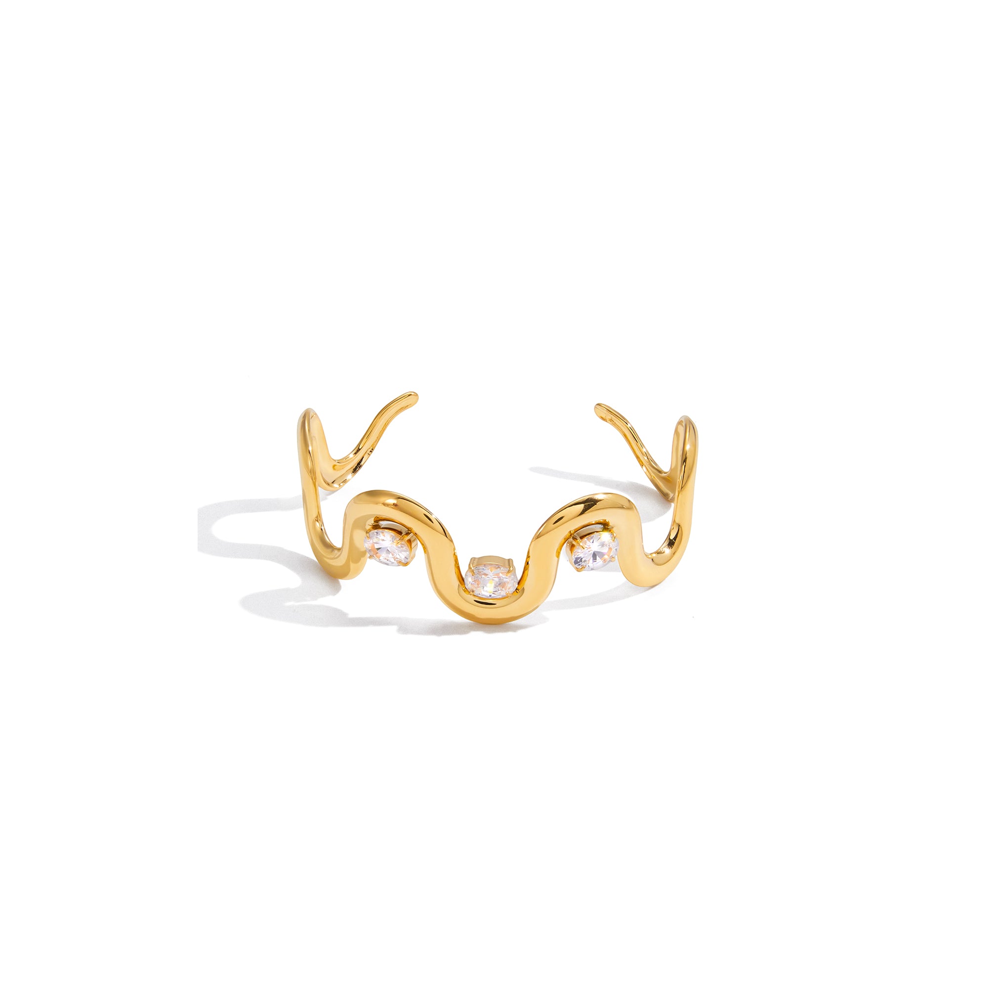 Fashion 18K Gold Plated Stainless Steel Wave Irregular Cuff Bangle Zircon Opening Bangle