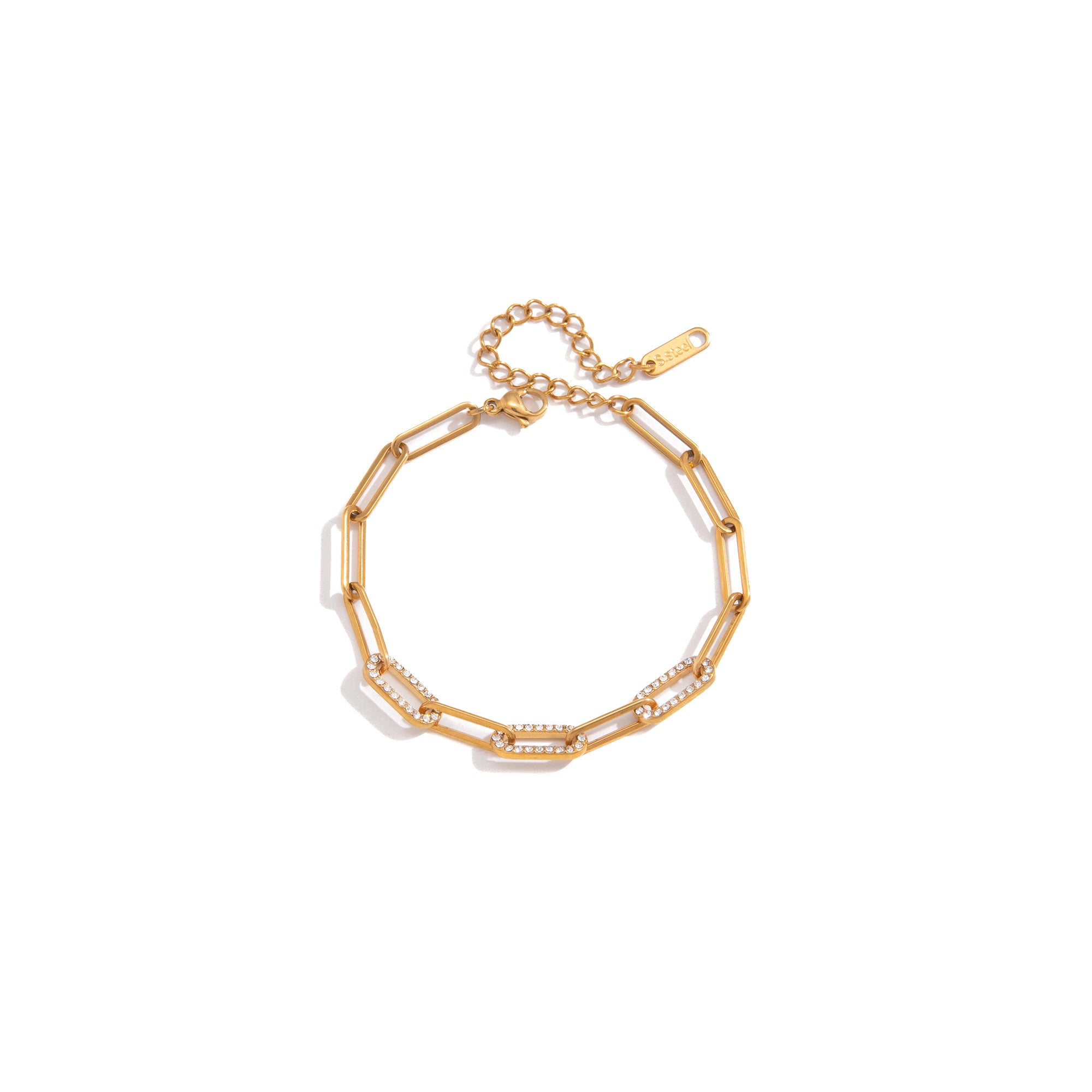 Wave Bar Round White CZ Stainless Steel 18K Gold Plated Classic Statement Link Chain Bracelet Gift for Women Daily Wear