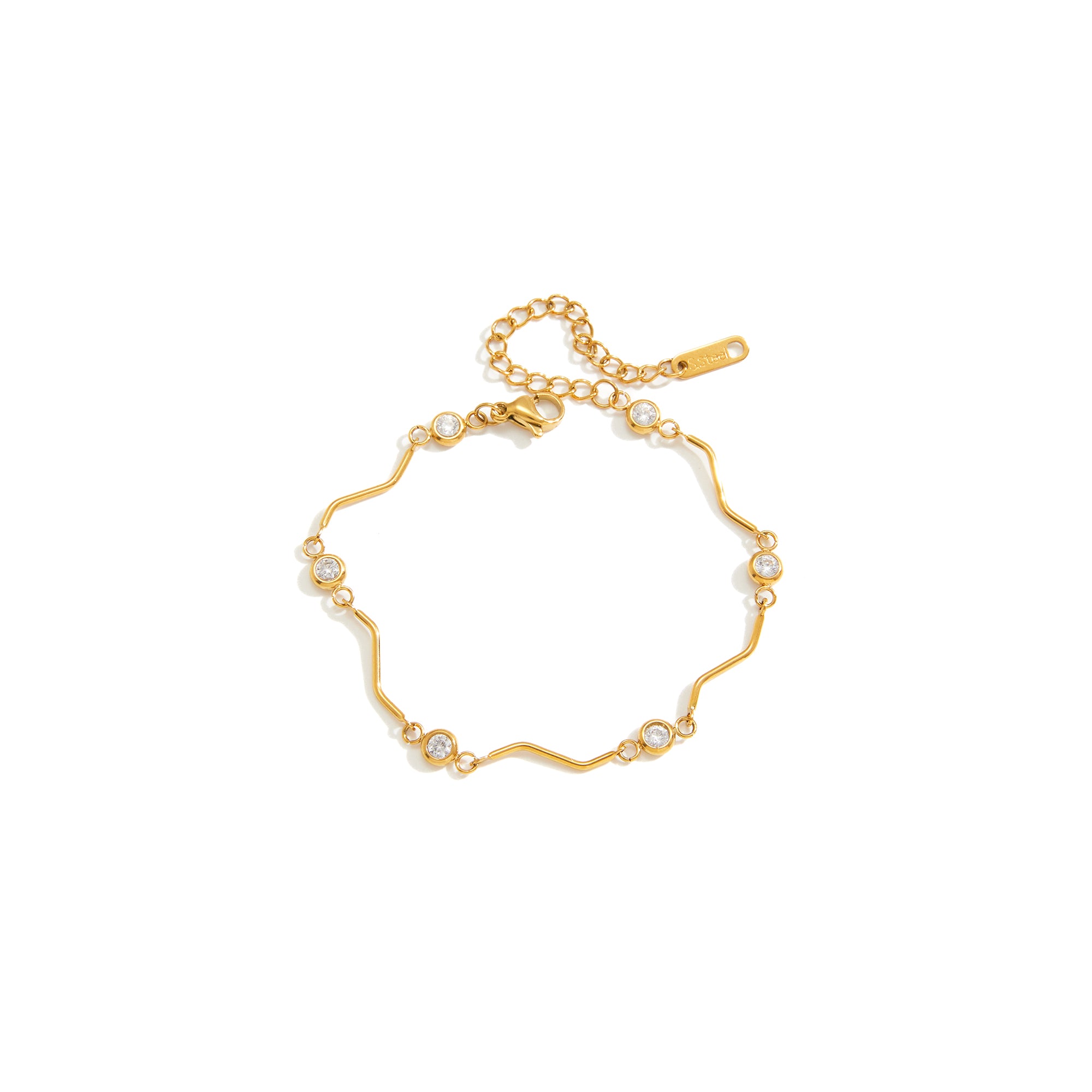Wave Bar Round White CZ Stainless Steel 18K Gold Plated Classic Statement Link Chain Bracelet Gift for Women Daily Wear