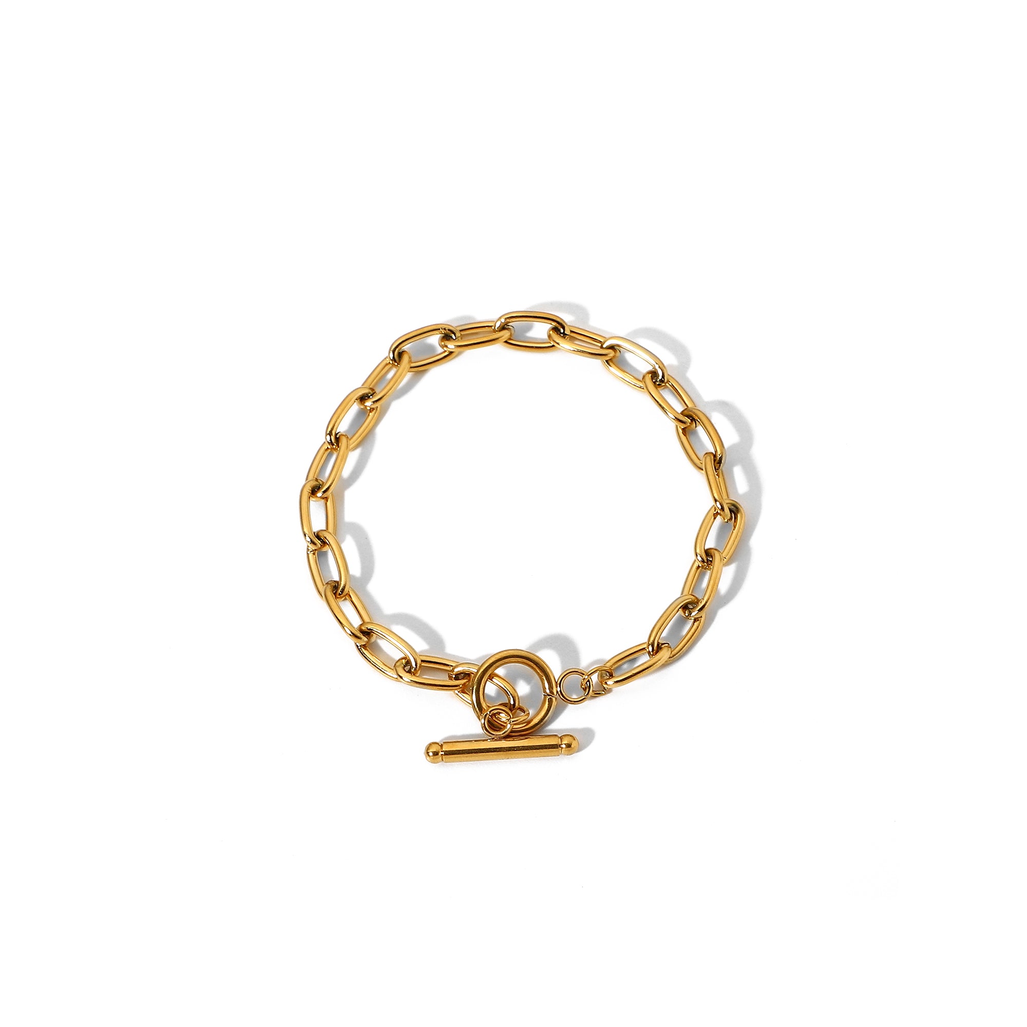 Gold Plated Simple Classic Gold Link Chain Paperclip Ot Toggle Stainless Steel Oval Bracelet