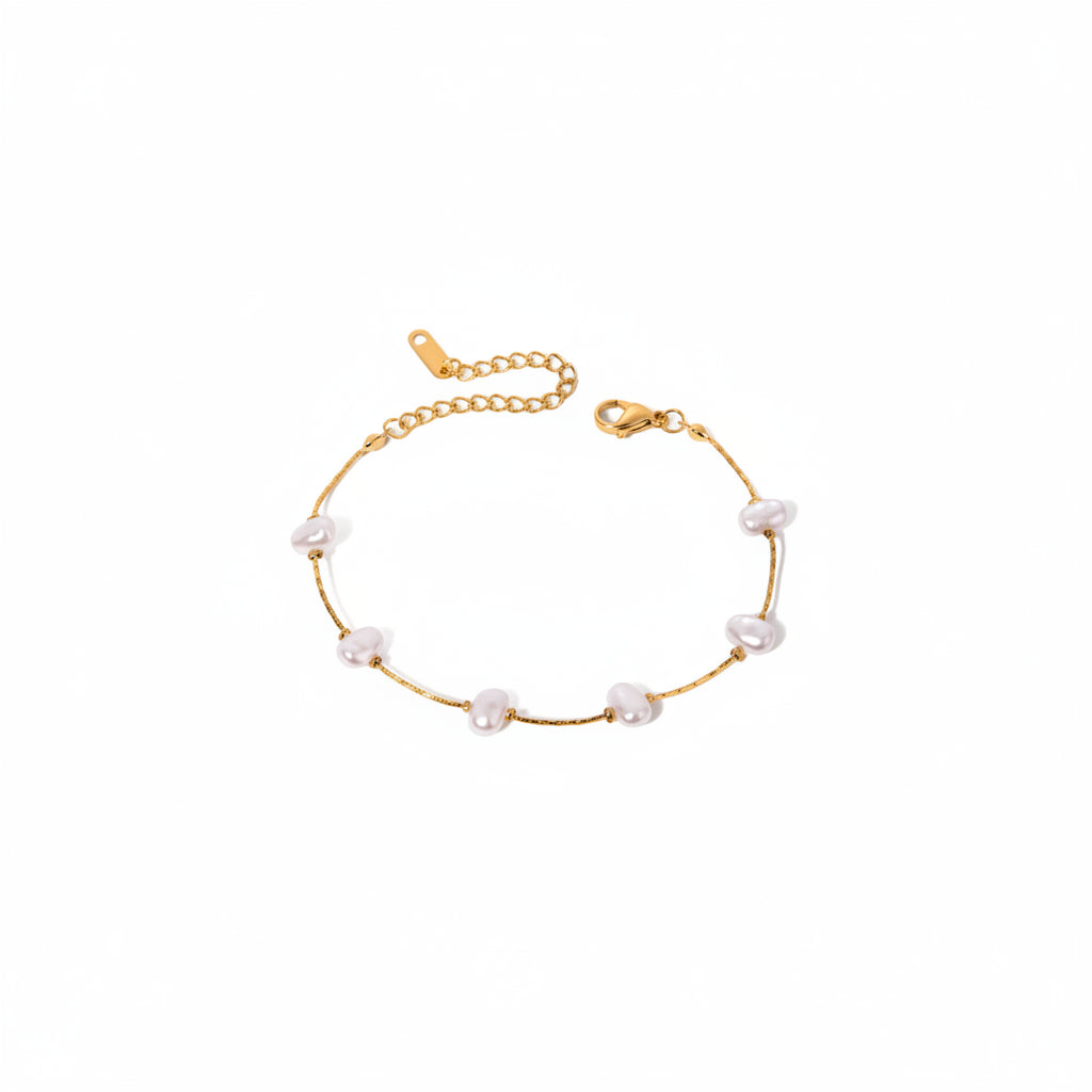 18K Gold Stainless Steel Unique Faux Pearl Real Gold IP Plated Chain Adjustable Beaded Bracelet Necklace Modern Design