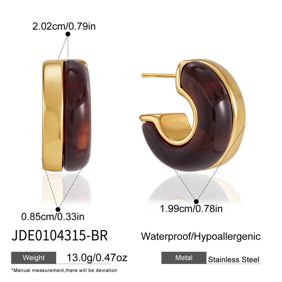 Women's Minimalist Style / Gold Stainless Steel + Resin / C-Shaped Stud Earrings